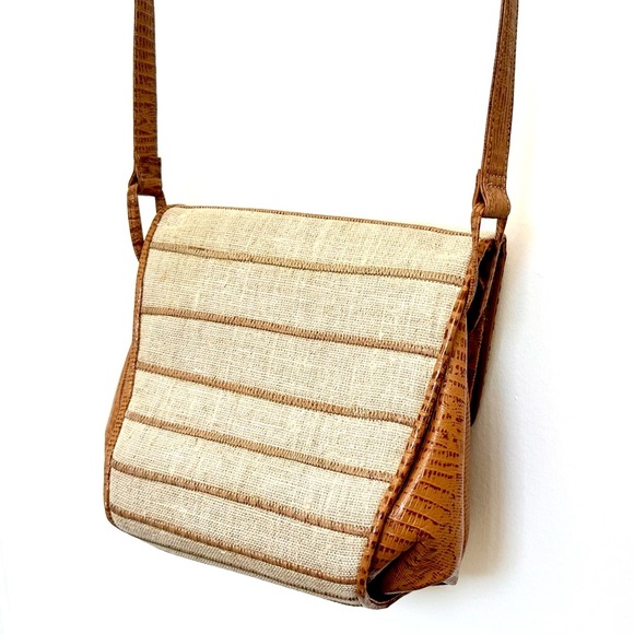 SHARIF Made in USA Python Leather & Fabric Crossbody Bag Brown/Beige EUC - Picture 7 of 14